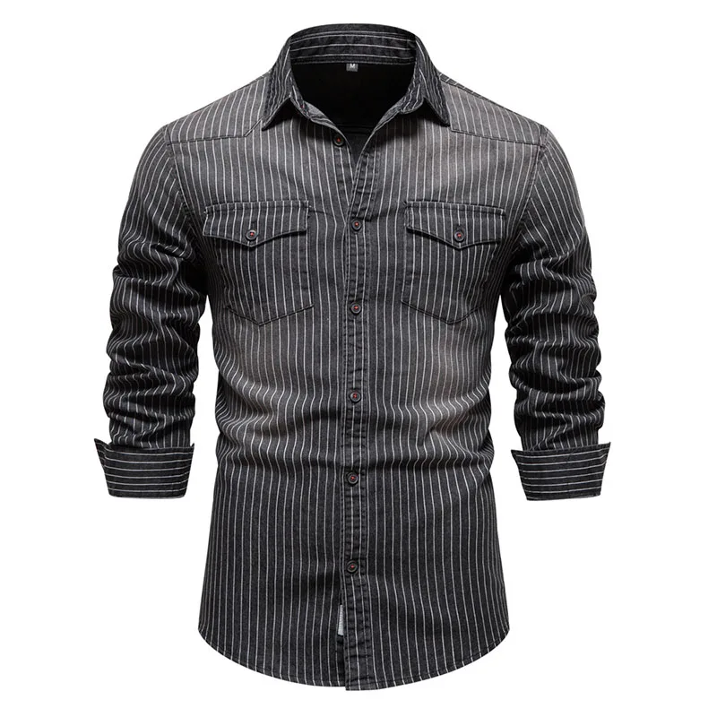 Camisa jeans de manga longa masculina, bolso de lapela, single breasted, qualidade casual, roupas de moda outono, inverno, 95% algodão, novo, 2023