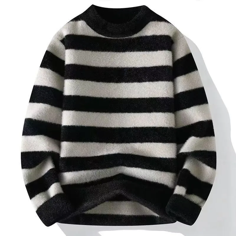 

New Men's Striped Sweater Pullovers Korean Winter Warm O Neck Black Sweater High Quality Cool Top Fashionable Men's Clothing
