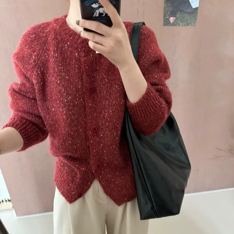 FANAN Gentle And Sweet Colored Yarn Soft Glutinous Powder Sweater Cardigan Women's Autumn And Winter Thick Loose Knitted Jacket