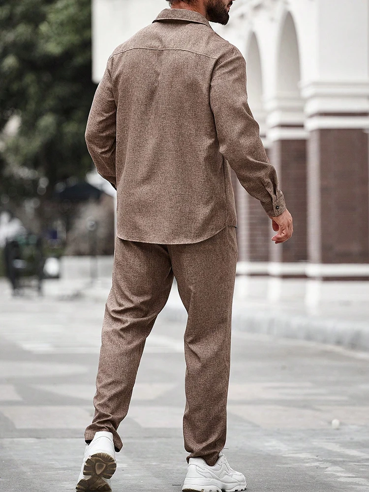 2024 Fall New Casual Two Piece Sets Men Solid Color Long Sleeve Shirts And Pants Suits For Mens Clothing Vintage Loose Outfits