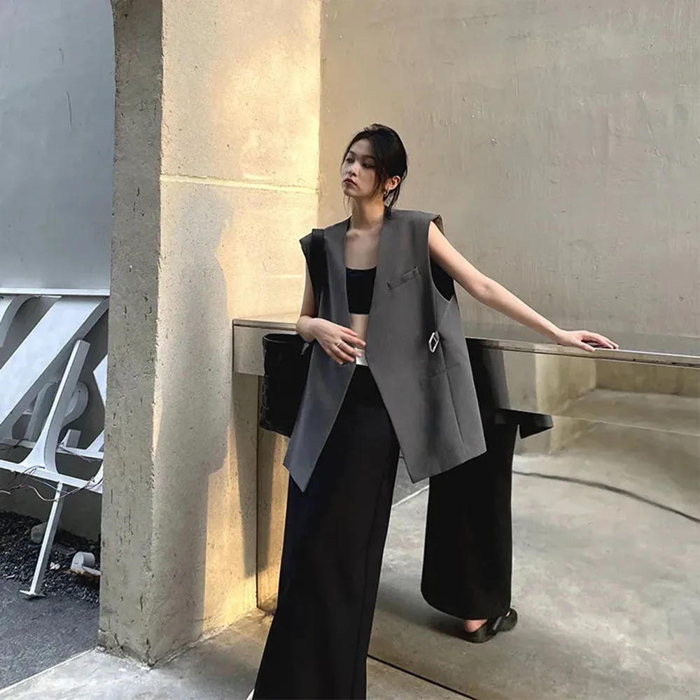 Gray Sleeveless Vests Women Simple Office Lady Asymmetrical Coat Spring Summer Loose Casual Outerwear Female Elegant Waistcoat