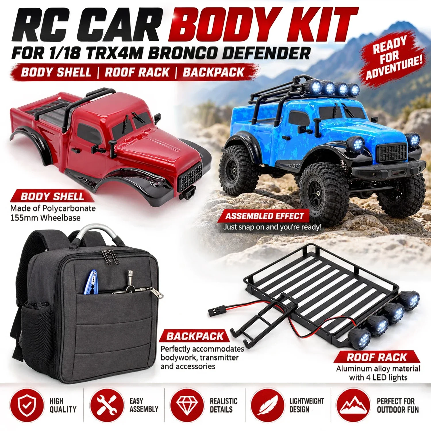 RC Car Body 155mm Wheelbase Body Shell Kit Backpack Roof Rack for 1/18 TRX4M Bronco Defender RC Crawler Car Upgrade Accessories