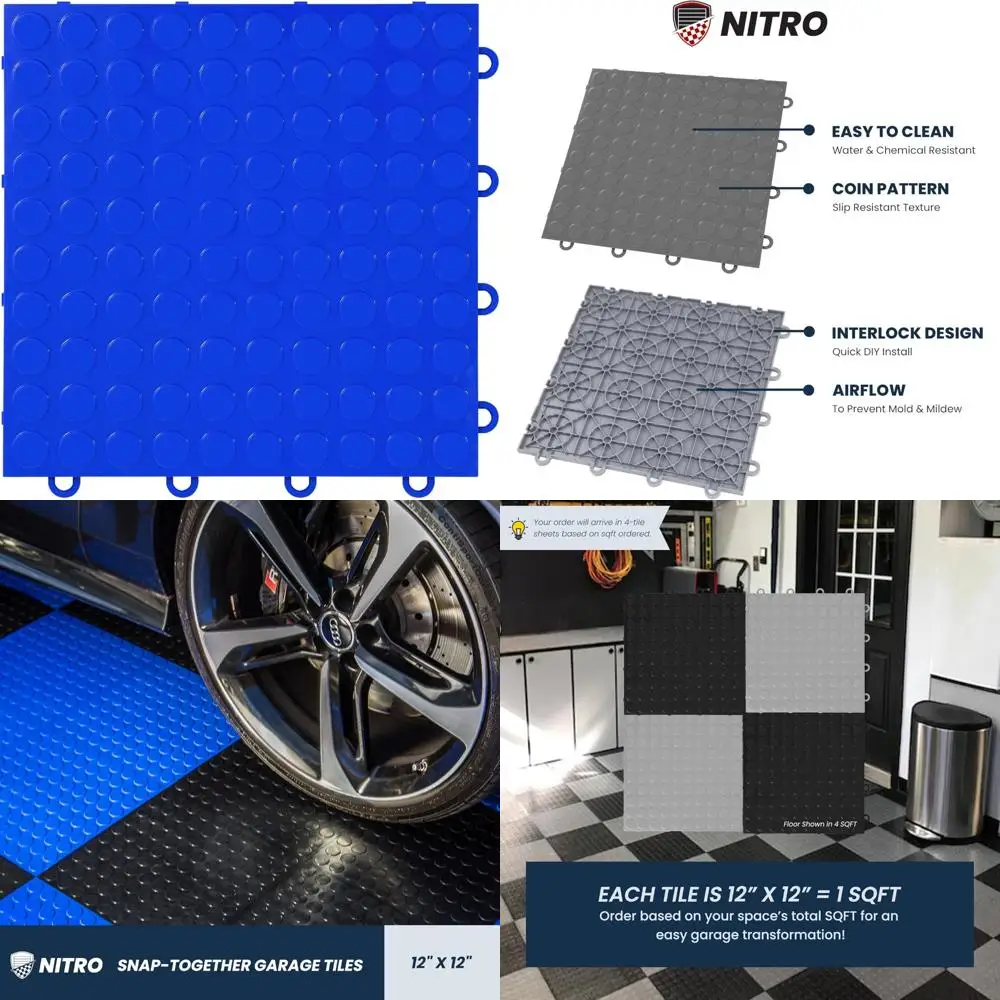 

Non-Slip 12x12 Interlocking Plastic Garage Floor Tiles with Coin Pattern in Shelby Blu Color for Snap-Together Easy Installation
