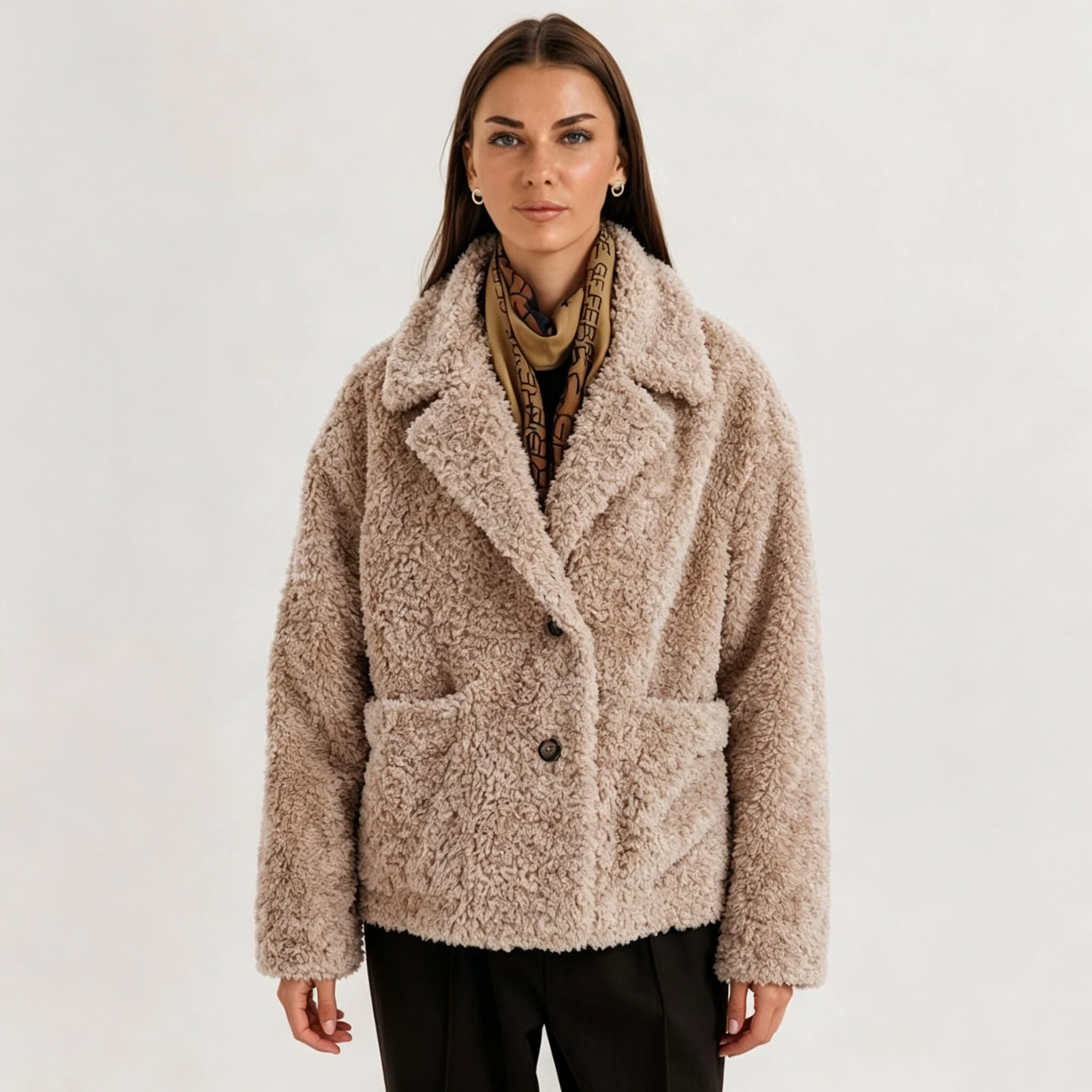 RU Women Teddy Fleece Jacket Notched Single Breasted Buttons Loose Drop Shoulder Warm Autumn Winter Ladies Fuzzy Coat