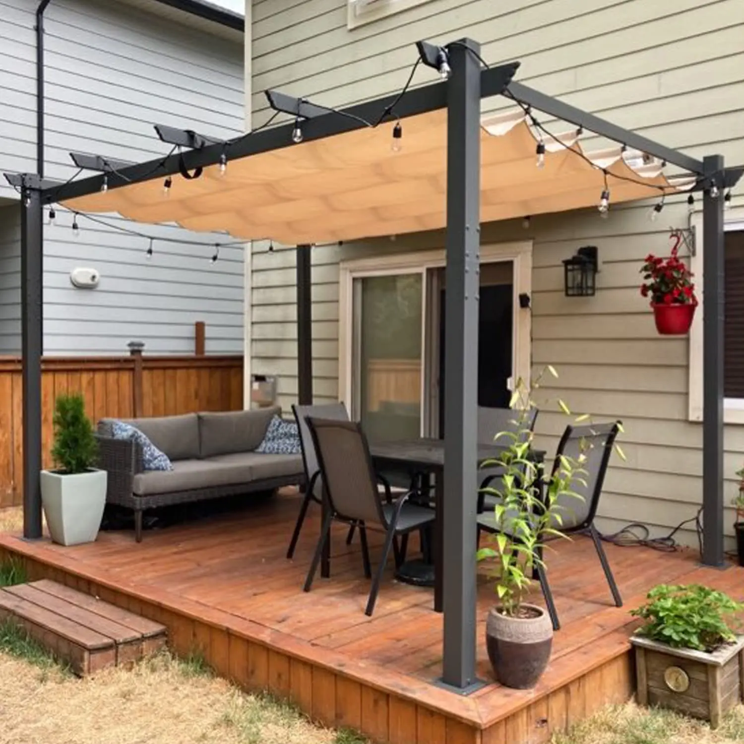 Outdoor Pergola 10' X 13' Retractable Beige Canopy Aluminum Sliding Shade Easy Care Thick Posts Strong Durable, Customized