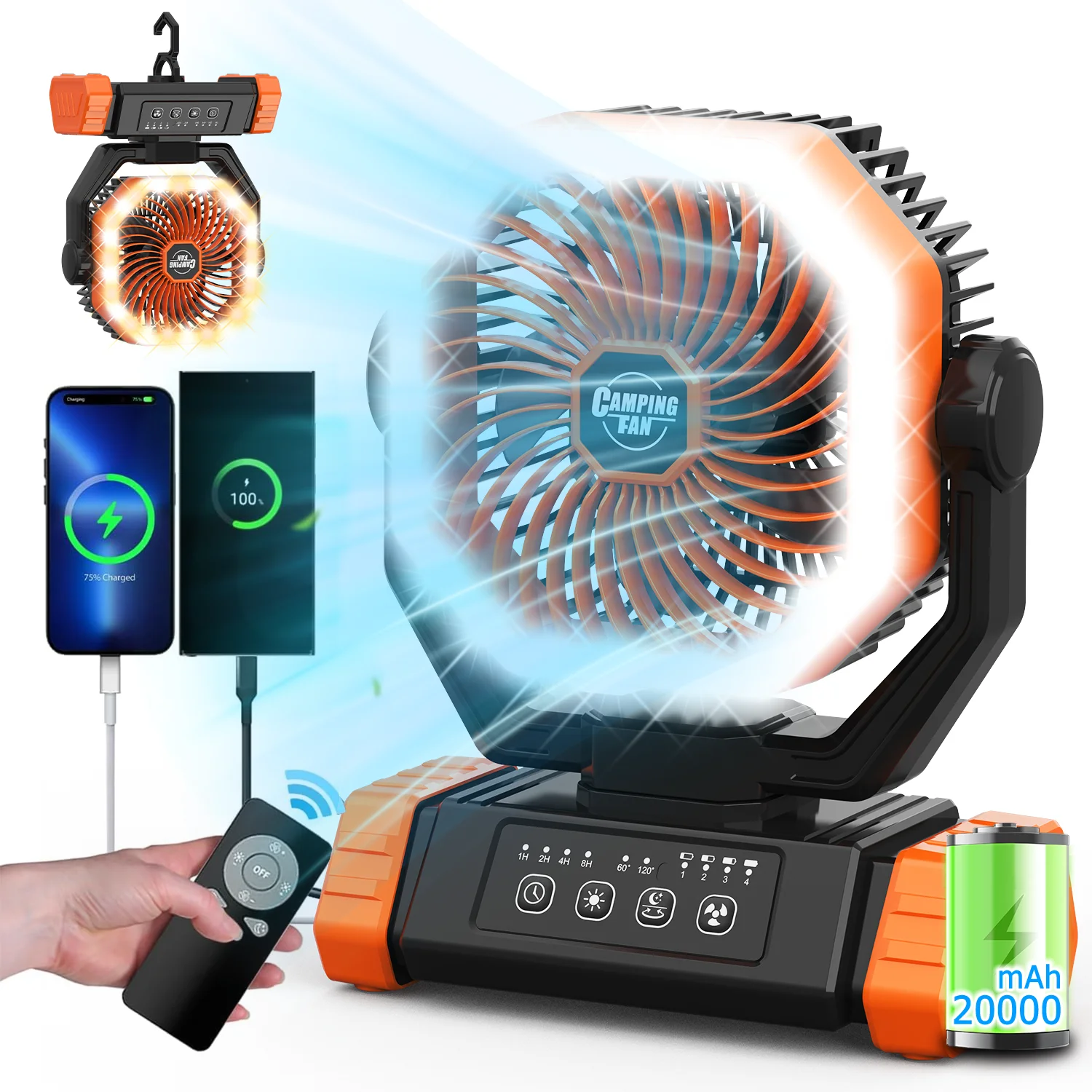 20000mah-usb-rechargeable-camping-fan-with-adjustable-led-light-wireless-fan-270°-head-rotation-with-hook-for-tent-fan
