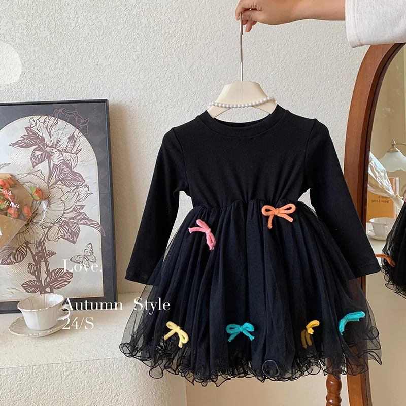 Korean Girls Dress 2026 Spring and Autumn Long Sleeved Round Neck Bow and Fluffy Skirt Black High-end Princess Dress
