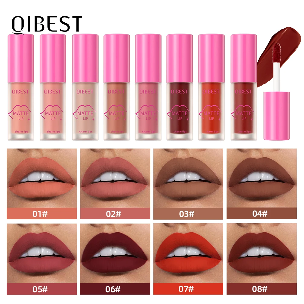 QIBEST Matter Lipgloss, wasserfest, seidige Lippenglasur, antihaftbeschichtet, flüssiger Lippenstift, sexy rote Lippentönung, langlebiges Lippenschlamm, dauerhaftes Make-up