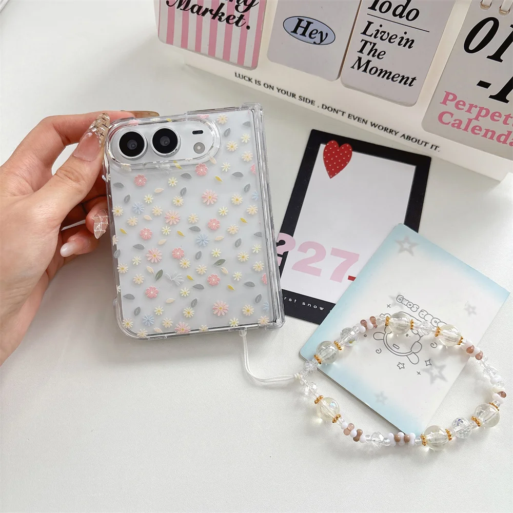 Korean Ins Transparent Fashion flowers love stand Phone Case For iPhone Duo Cover Cute Cases Shockproof Protective with Chain