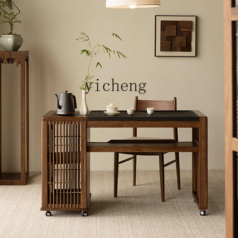 

LX Black Walnut Tea Table with Kettle Integrated Solid Wood Tea Table for Balcony Small Size