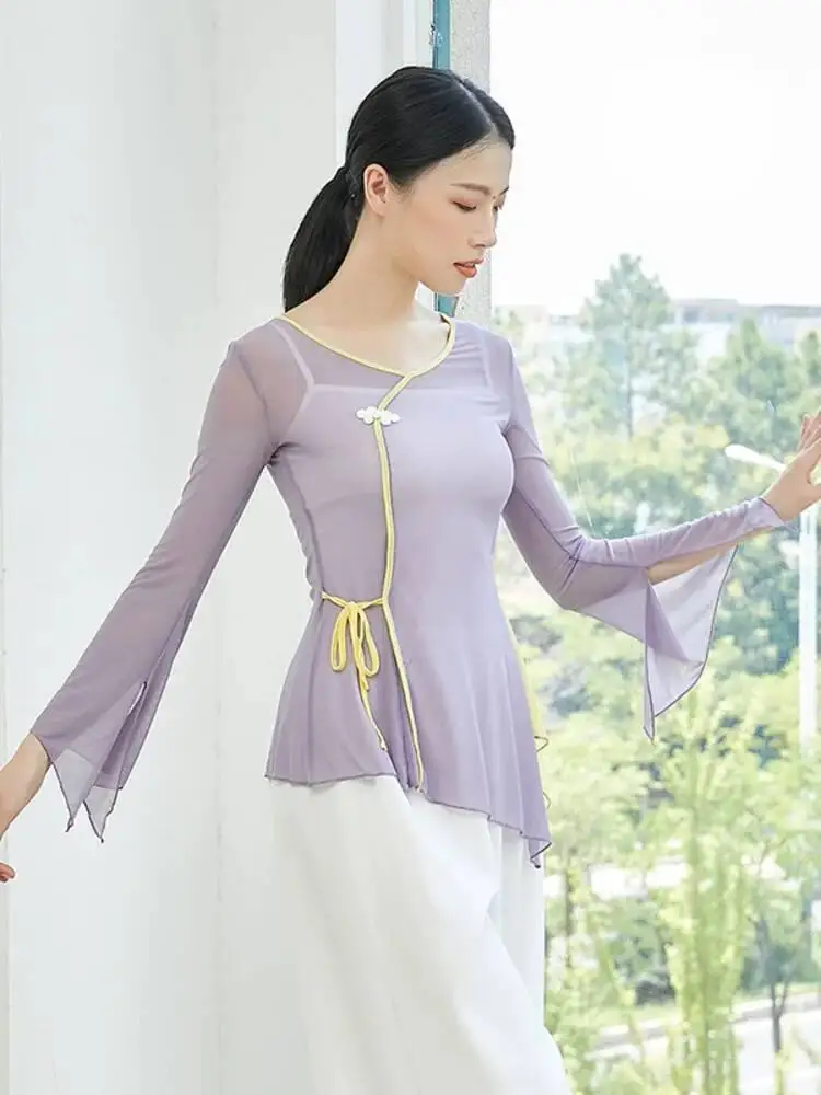 Top da ballo in rete patchwork con scollo a V per donna con maniche a campana Completo da performance classico Costume leggero e aderente per il palco