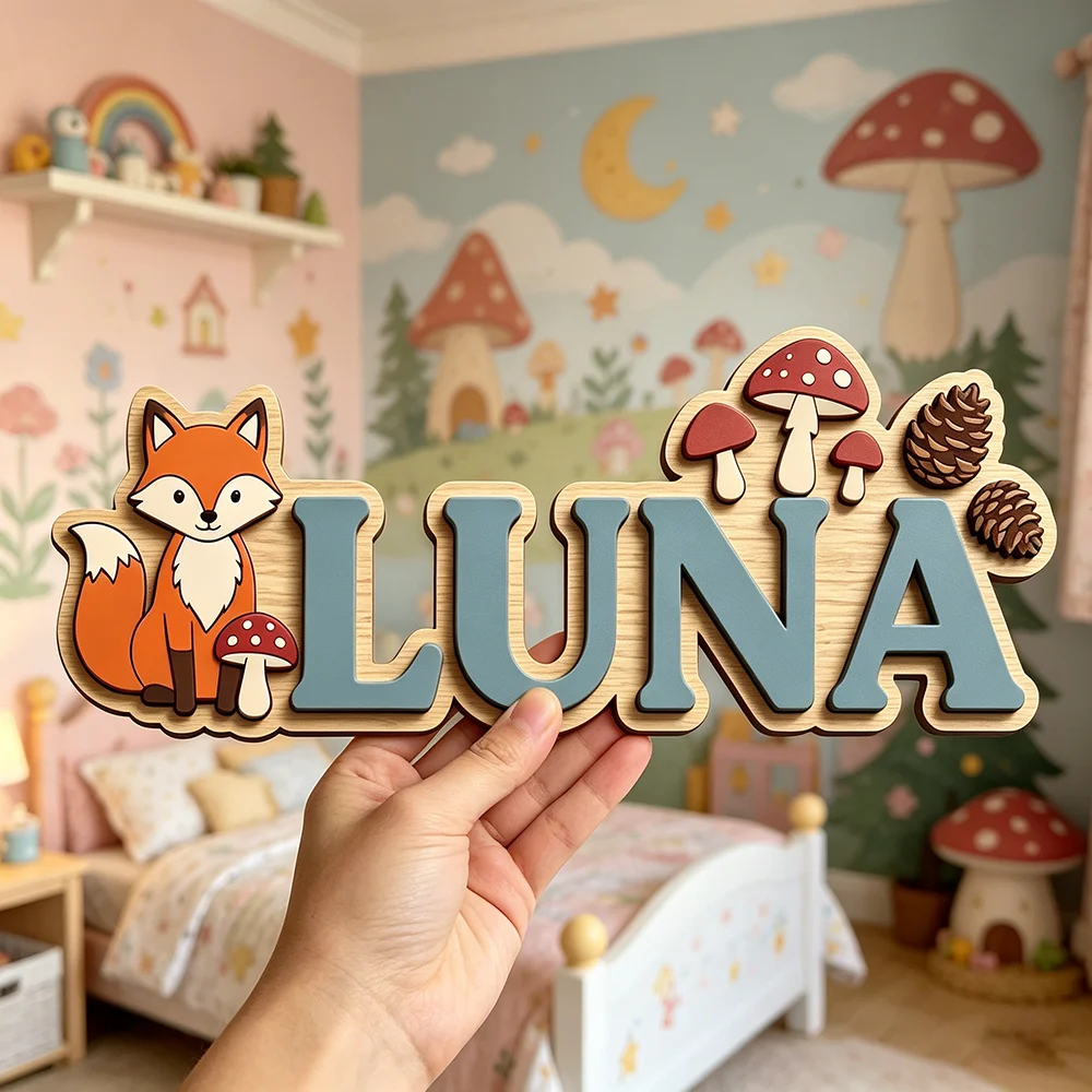 Whimsical Woodland Fox Custom Name Plaque for The Dearest Baby, Unisex Pinecone & Mushroom Nursery Wall Decor