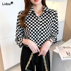 Thin Autumn Winter Loose Women Shirt Vintage Lattice Blouses Button Turn-down Collar Temperament Cardigan Women's Clothing 2022