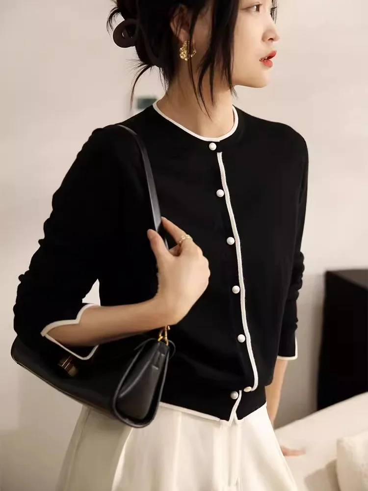 

TLOML Early Spring New Arrivals Women's O-neck Buttons Color Blocking Wool Office Lady Sweater Wool Knitwear Elegant Comfy Tops