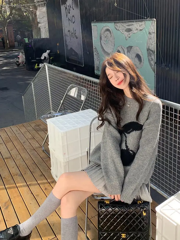 

Свободный женский трикотаж с вишневым узором, удобный повседневный зимний теплый длинный све, круглый топ на осень-зиму