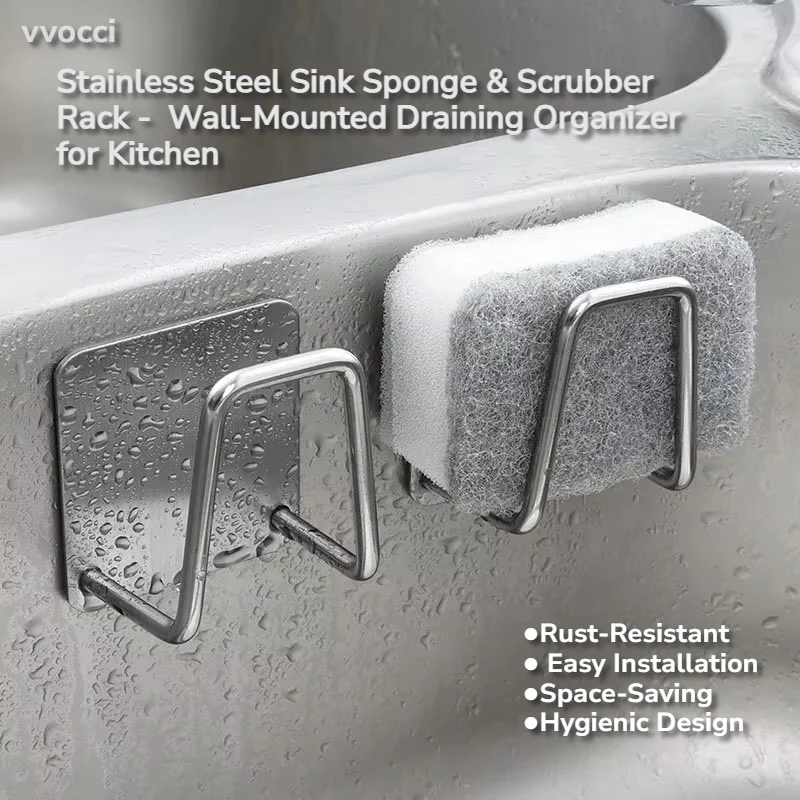 vvocci Stainless Steel Sink Sponge & Scrubber Rack - 1pc Wall-Mounted Draining Organizer for Kitchen