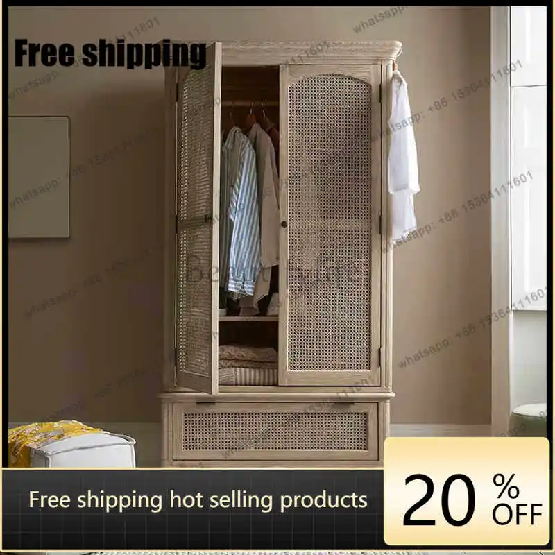 LD Nordic rattan wardrobe bedroom solid wood retro wardrobe can be customized furniture