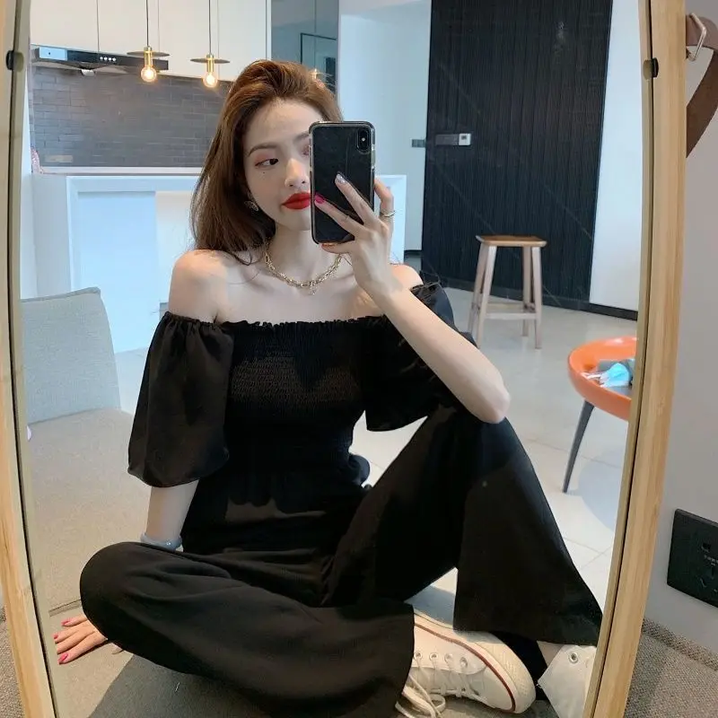 Tute a maniche corte con spalle scoperte Tute da donna eleganti con pieghe in vita Tuta dritta da donna con scollo quadrato senza schienale Estate nuova