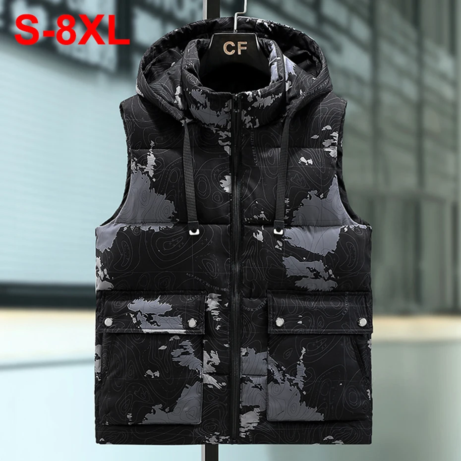 

8XL Plus Size Winter Vest Men's Thicken Padded Warm Vest Camoufalge Hooded Waistcoat Black Loose Casual Vests for Male