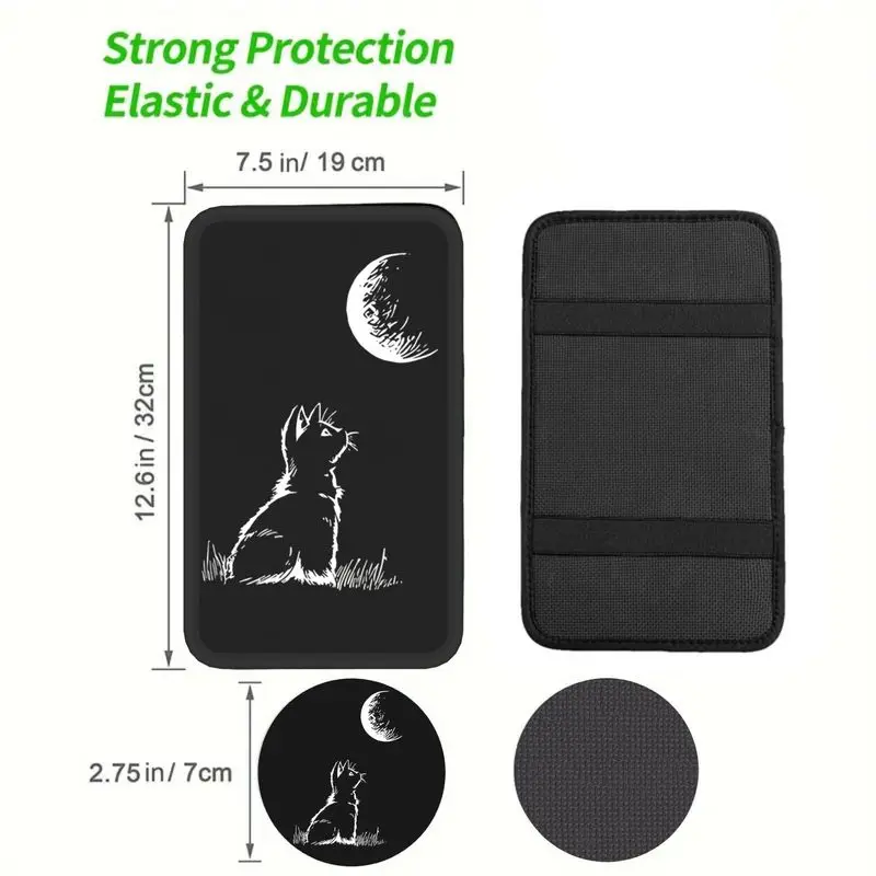 1Pc Car Armrest Cover + 2Pcs Cup Coasters With Black White Cat & Moon Sketch For Car Interior Decor