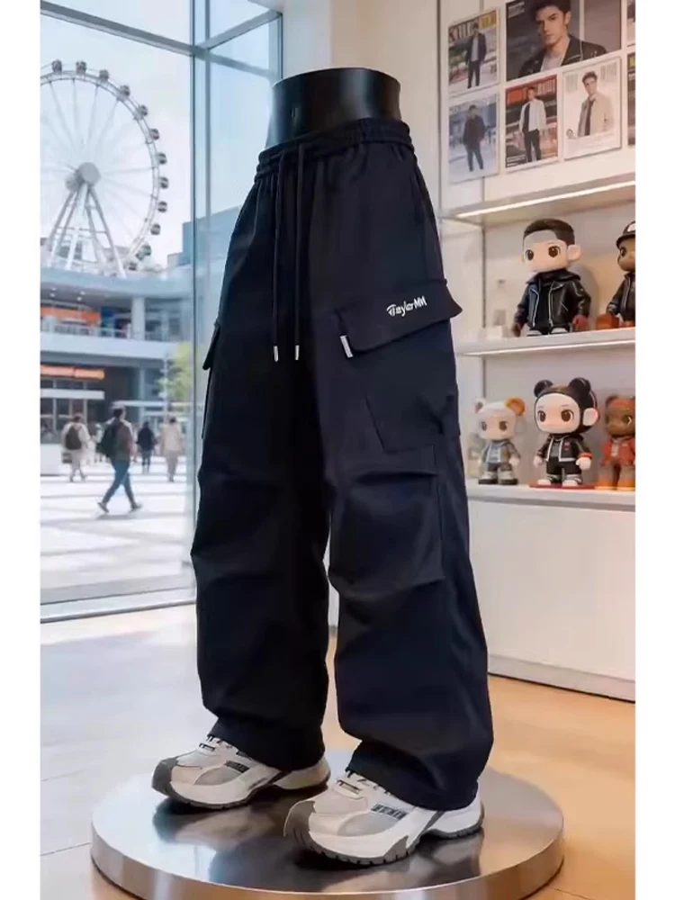 Black Pleated Cargo Pants Men's Straight Leg Wide Waist Casual Trousers American Style Youth Sports Leisure Pants