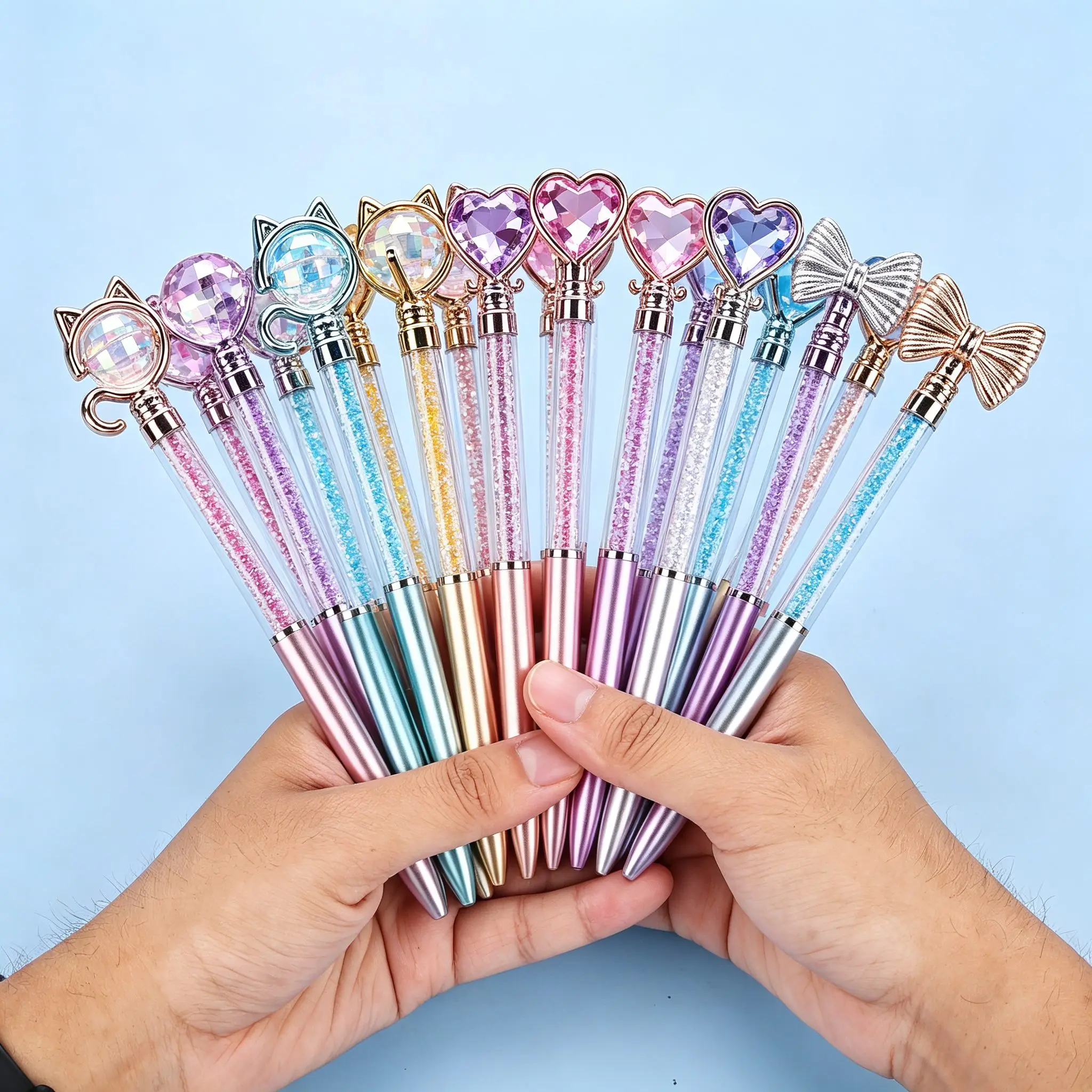 20Pcs/Lot Cute Crystal Ballpoint Pens Set Cat Diamond Heart Bowknot Rhinestone Pen for Girls Kids School Office Stationery Gift