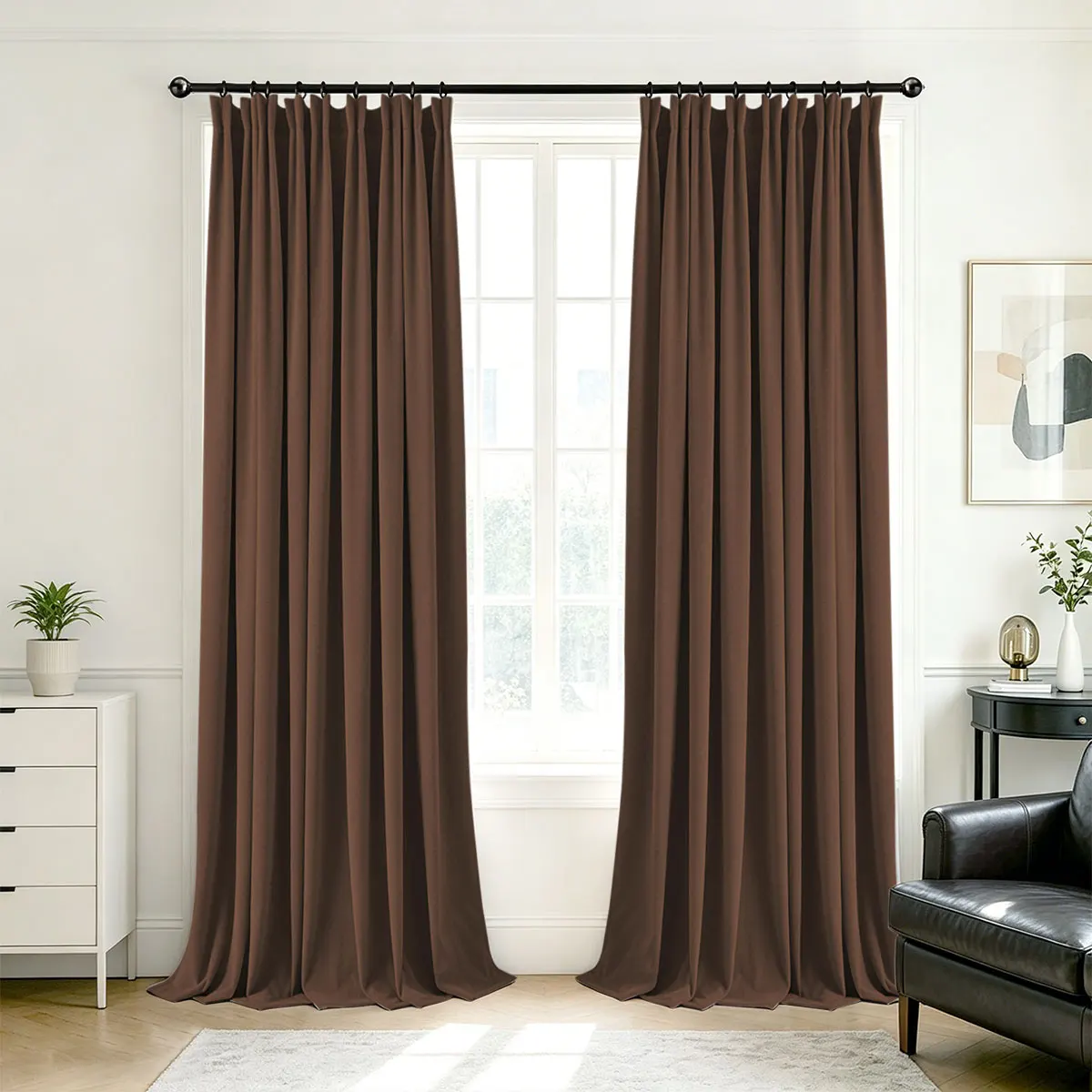 Chocolate Velvet Blackout Curtains 2Pcs, Pinch Pleat Hook Top Drapes, Modern Solid Curtain for Bedroom Living Room Home Decor