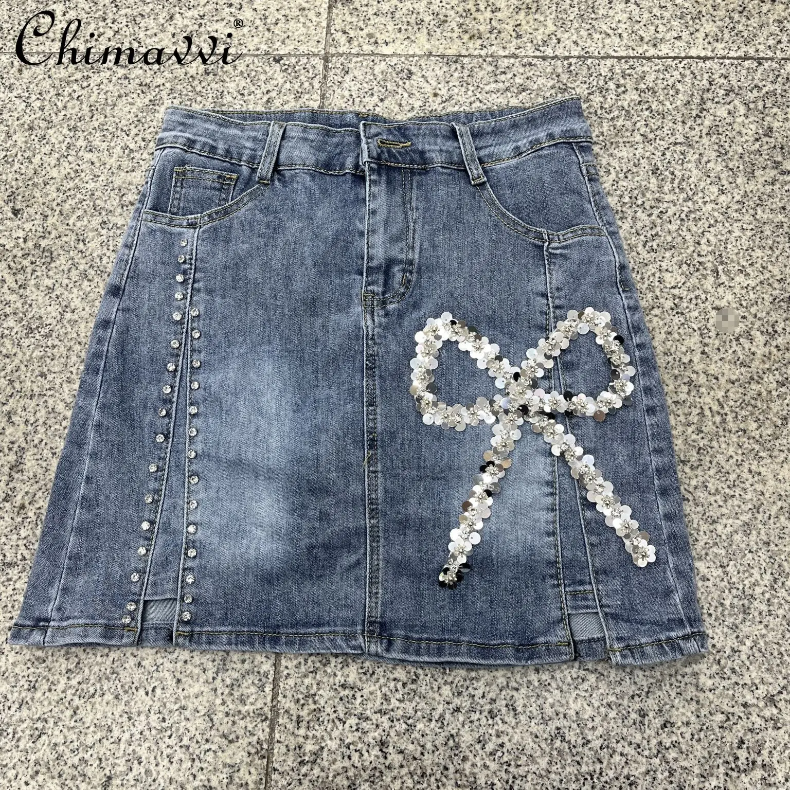 

Korean Streetwear Sweet Cool Denim Short Jeans Skirt Sequined Diamond Bow High Waist A-line Versatile Casual Denim Skirts Women