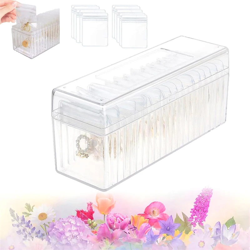 Transparent Acrylic Jewelry Storage Box With 20 Portable Anti-rust Bags Cosmetics Organizer Holder For Earring Ring Jewelry