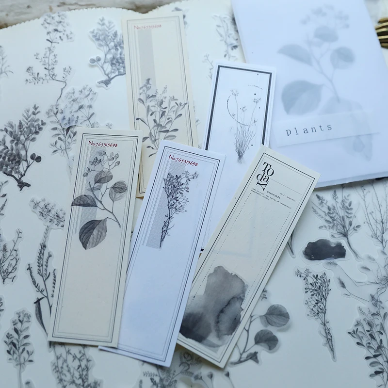 55pcs Vintage Black White Plant Stickers Collage Photo Album Junk Journal Planner Decorative Ink Sticker Scrapbooking Material