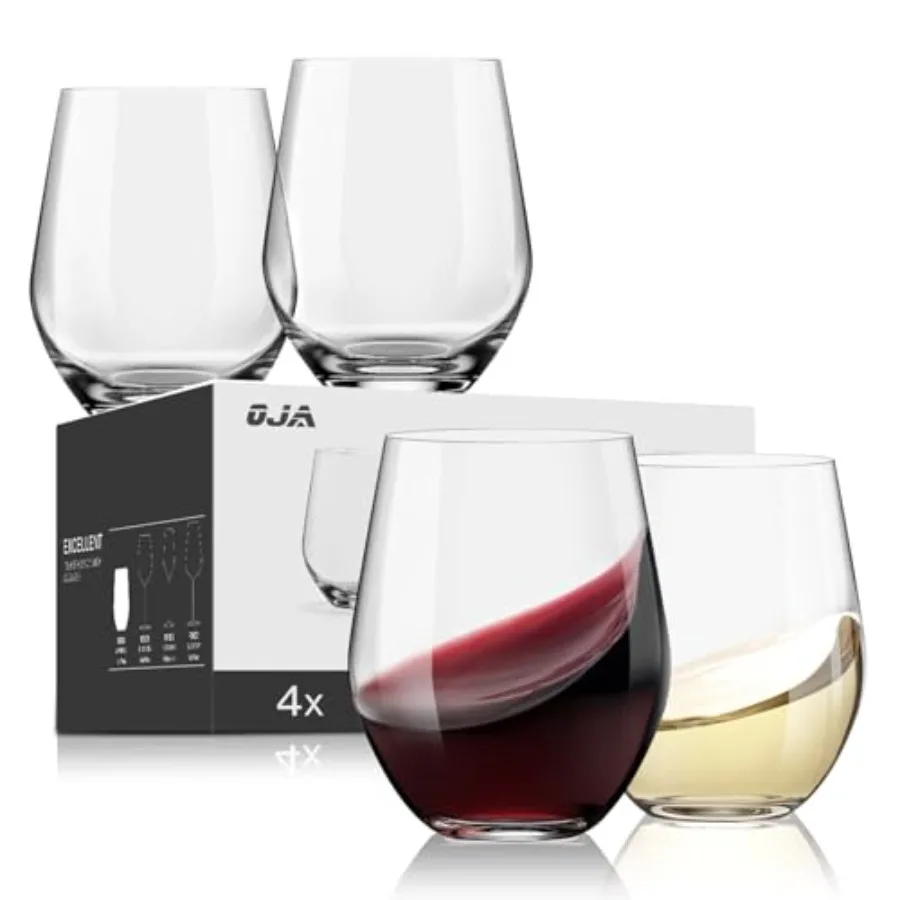 

Stemless Wine Glasses Set of 4, Red White Wine Glasses, No Stem, Clear, 15oz, Premium Crystal Sturdy Drinking Glass for Daily U