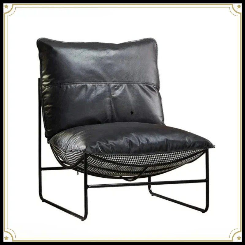 X-S  Nordic retro modern thousand bird grid fabric cowhide double-sided wrought iron casual sofa chair leather recliner HG