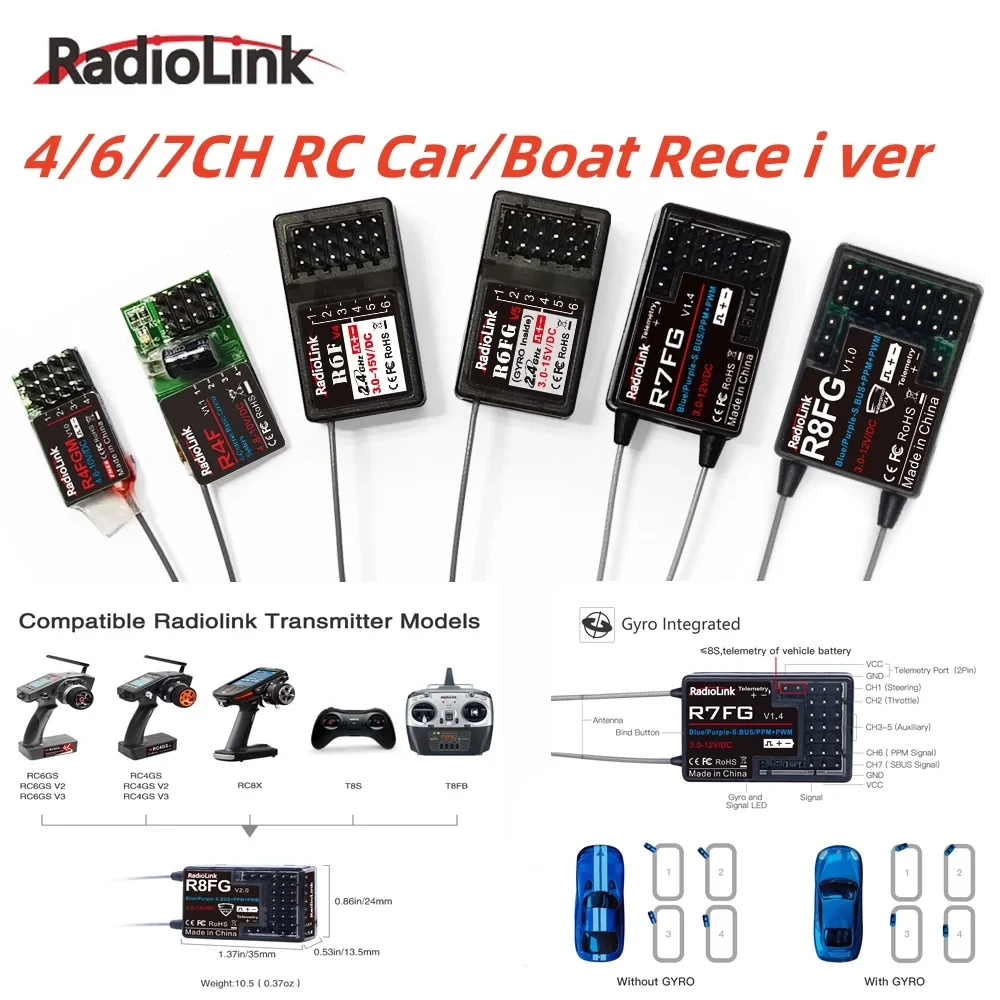 Оригинальный приемник Radiolink R4FGM R6F R6FG R7FG R8FG 2.4GHz с гироскопом для передатчиков RC4GS RC6GS T8FB T8S RC8X, запчасти для радиоуправляемых автомобилей и лодок, детали для сборки своими руками.
