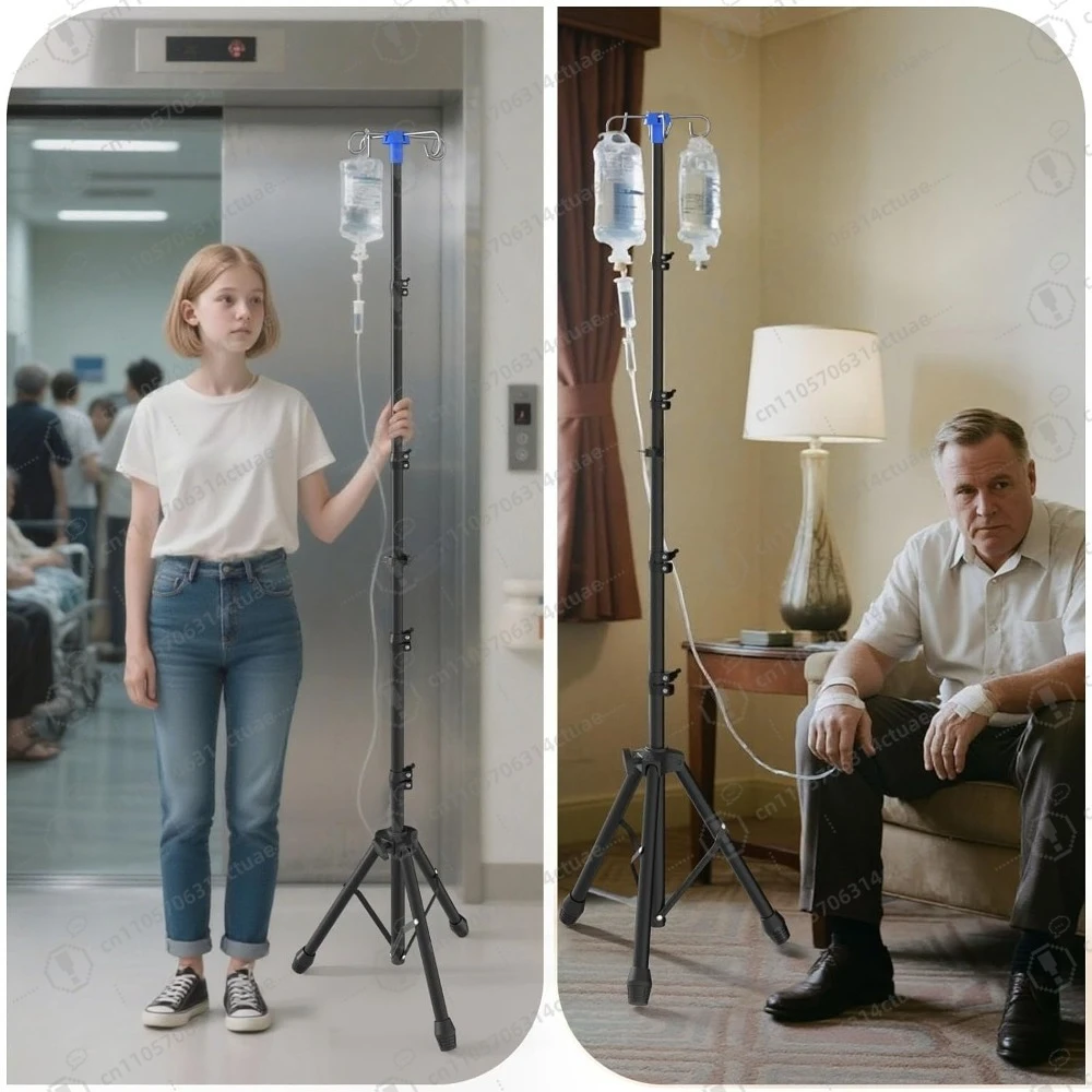 Portable IV Pole Foldable Adjustable Height Telescoping Floor Stand with 4 Hooks for Home Care Hospital Clinic