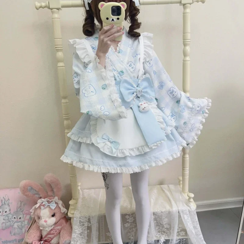 Sweet Cute Bunny Strawberry Print Bow Princess Party Dresses Pink Women Lolita Maid Dress Set Japanese Kawaii Lolita Style Dress