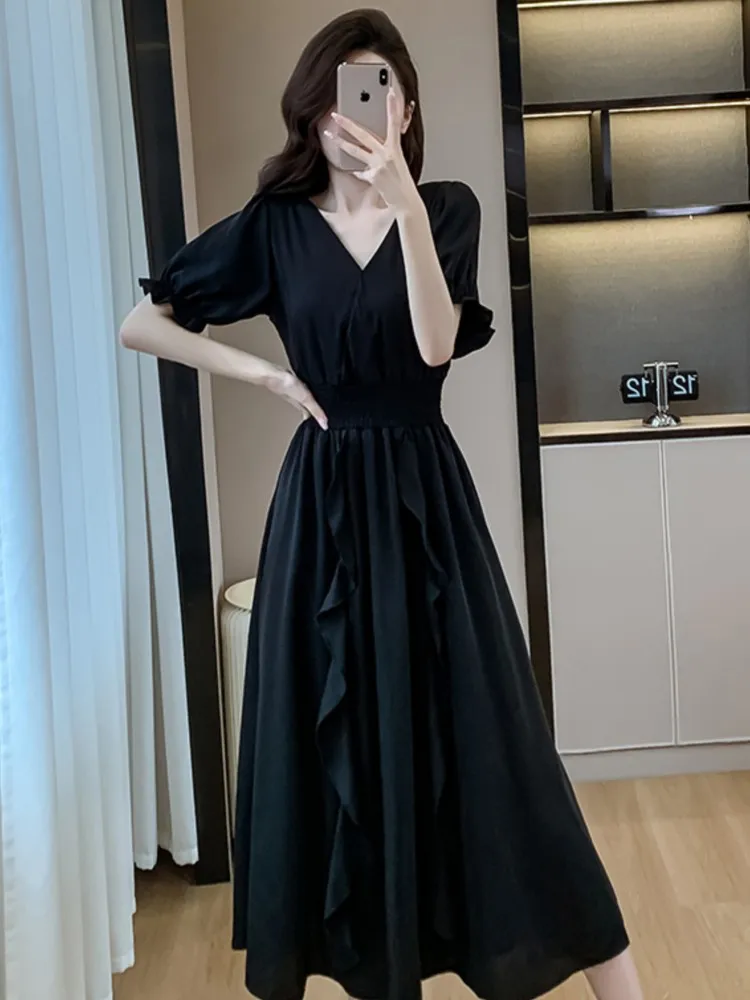 

Women Black Puff Sleeve V-neck Casual Ruffled Long Dresses Summer Elegant Bodycon Female A-Line Mujers Clothes New