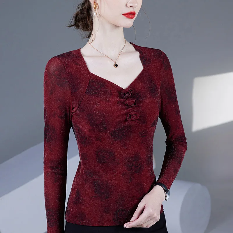 M-4XL Autumn 2025 New Fashion Rose Print Women\'s Tops Elegant Slim High Stretch Square Collar Long Sleeved Mesh T-Shirt