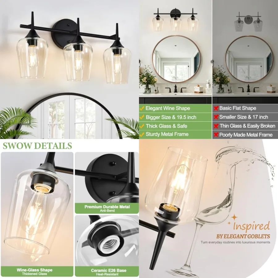 

Bathroom Light Fixtures, Black Vanity Lights for Bathroom with Clear Glass, 19.5 Inch Bathroom Lighting Fixtures Over Mirror, M