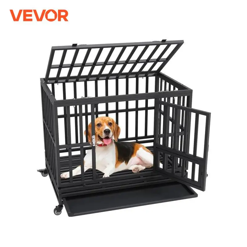 VEVOR 3-Door Heavy Duty Dog Crate Kennel Cage with Lockable Wheels and Removable Tray for Indoor Outdoor Medium to Large Dog