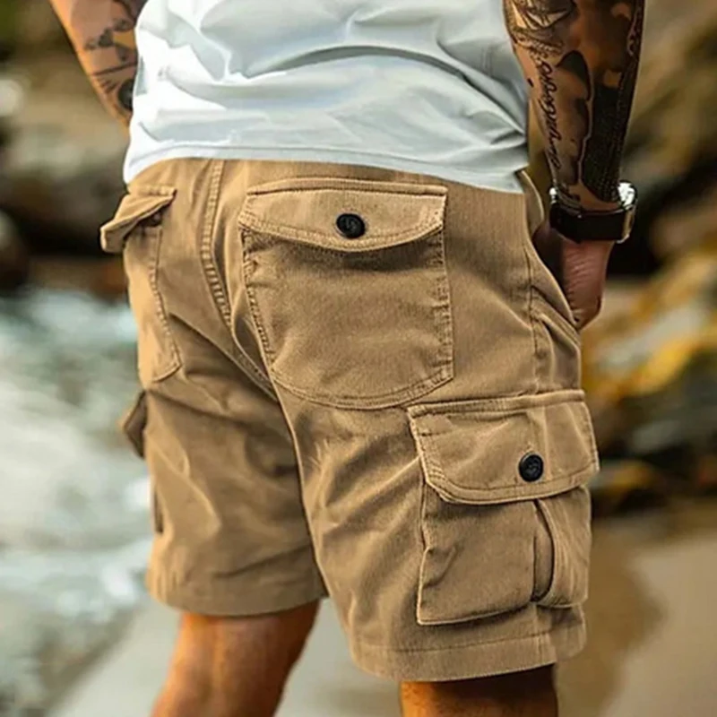 Men's Workwear Shorts Summer Casual Corduroy Loose Elastic Waist Multi-Pocket Short Pants Retro Style Male Cargo Trousers