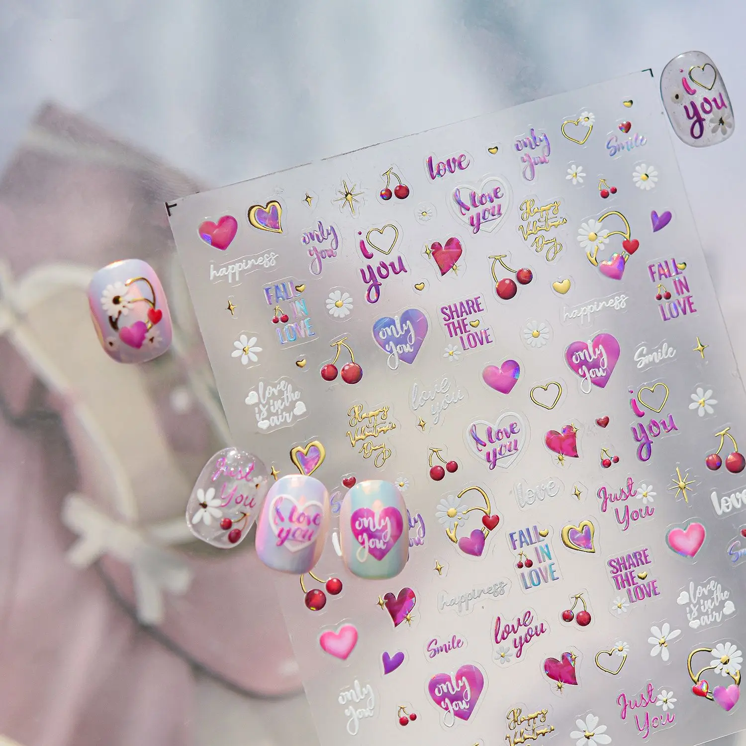 5D Holographische Trend-Nagelaufkleber Laser Schillernde Herz-Kirsch-Gänseblümchen-Stern Y2K Süßer Cooler Stil Selbstklebende Nagelkunst-Sticker