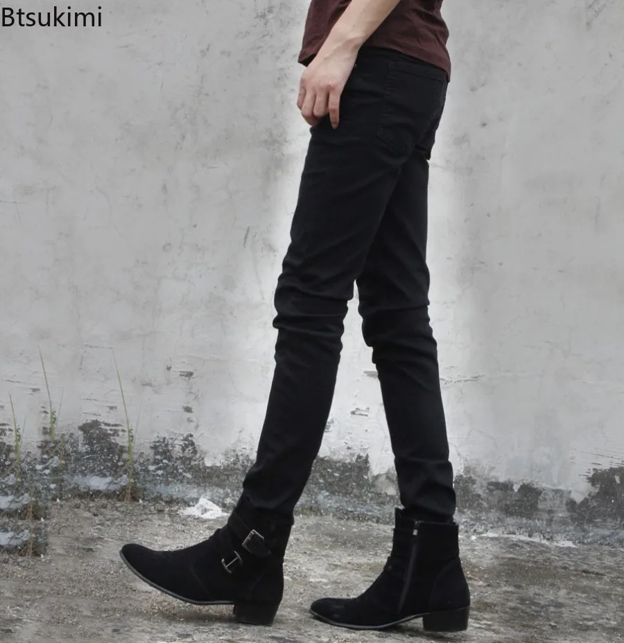 

Весенне-осенние новые мужские черные брюки-карандаш, однотонные эластичные уличные повседневные облегающие брюки, мужские винтажные узкие джинсы для мужчин