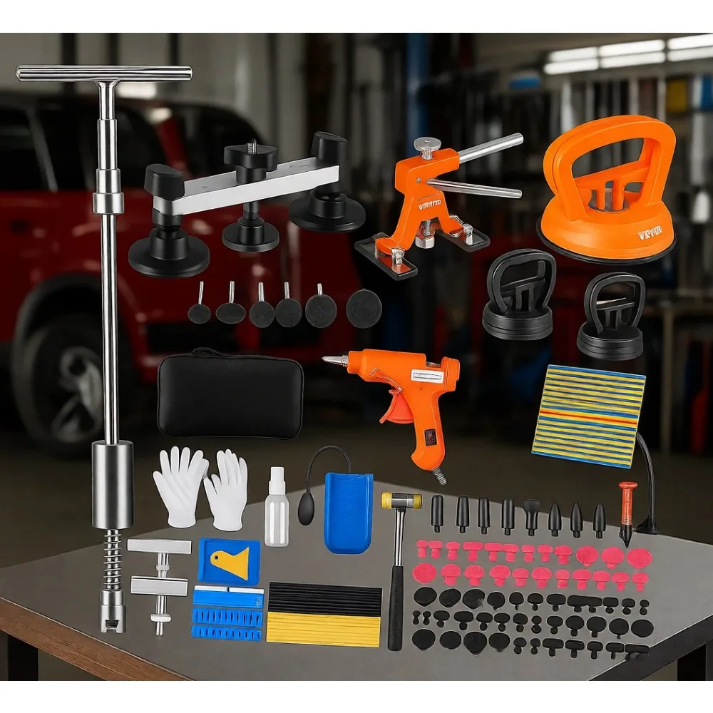 

Набор для беспокрасочного ремонта кузова автомобиля из 117 предметов: инструменты для удаления вмятин, обратный молоток, присоска для ремонта вмятин от града и дырок на дверях автомобиля