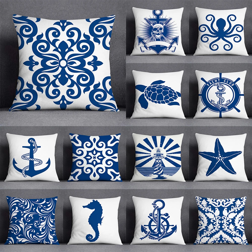 Blue sailor sailing boat anchor biological printing pattern square cushion cover for home living room sofa office decoration