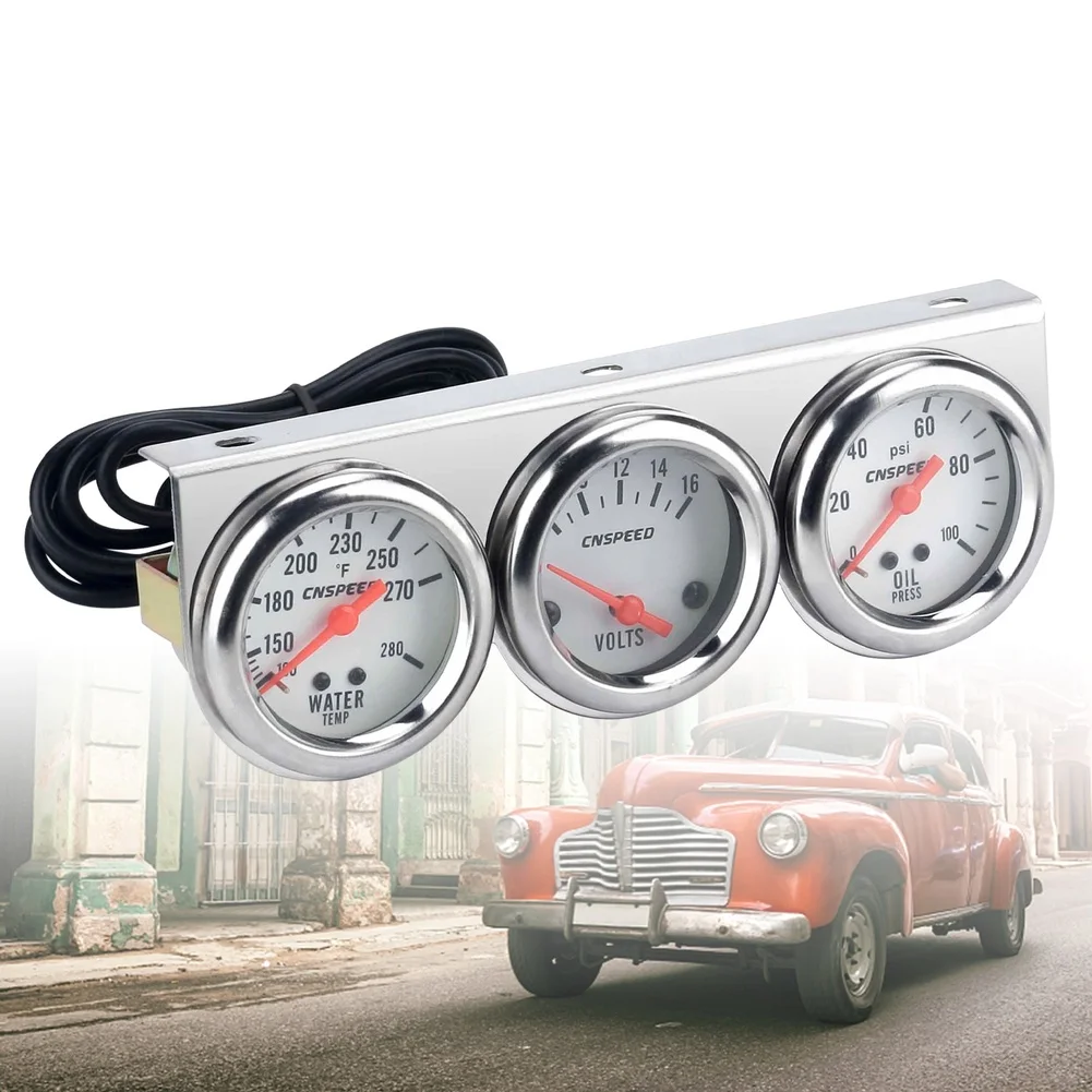 Automotive 52MM Triple Gauge Set for 12V Systems with Iron Housing Amber Illumination Water Temp Oil Pressure Voltage Monitoring