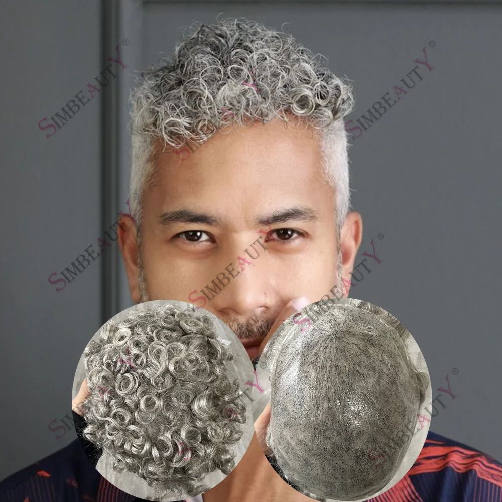 

18MM Curly 1b80 1b65 Grey Human Hair Male Toupee Natural Hairline Full PU Base Strong Thin 0.1mm Men's Wigs Capillary Prosthesis