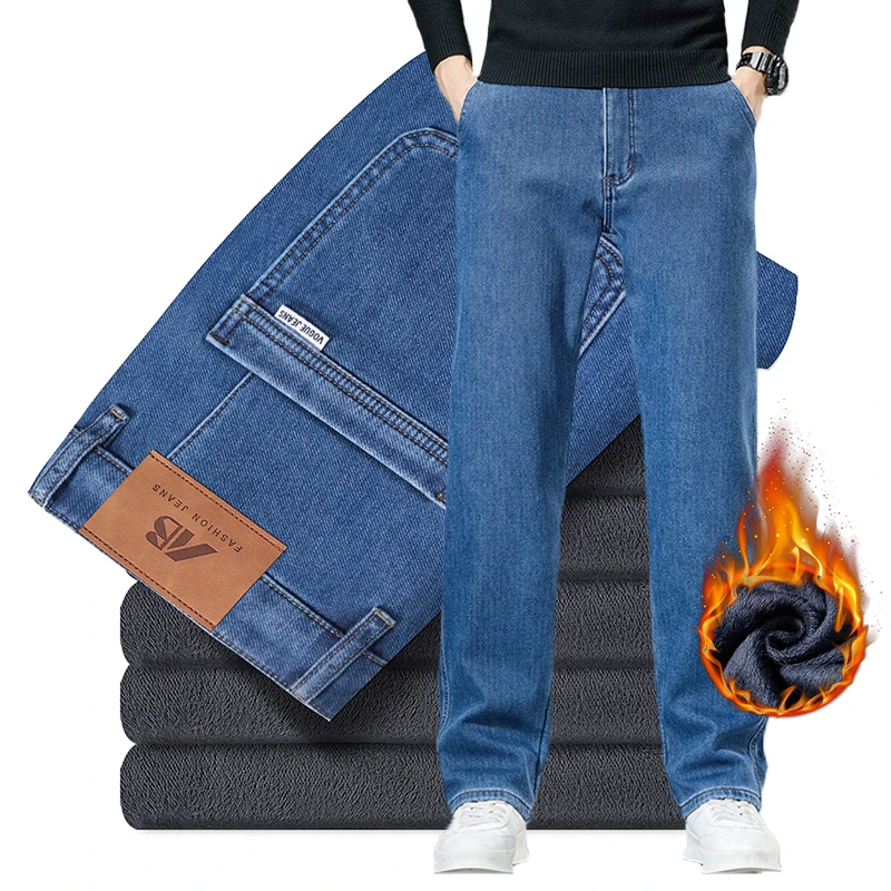 

Зимние свободные деловые флисовые джинсы, модные прямые удобные хлопковые эластичные утолщенные теплые плюшевые джинсовые брюки