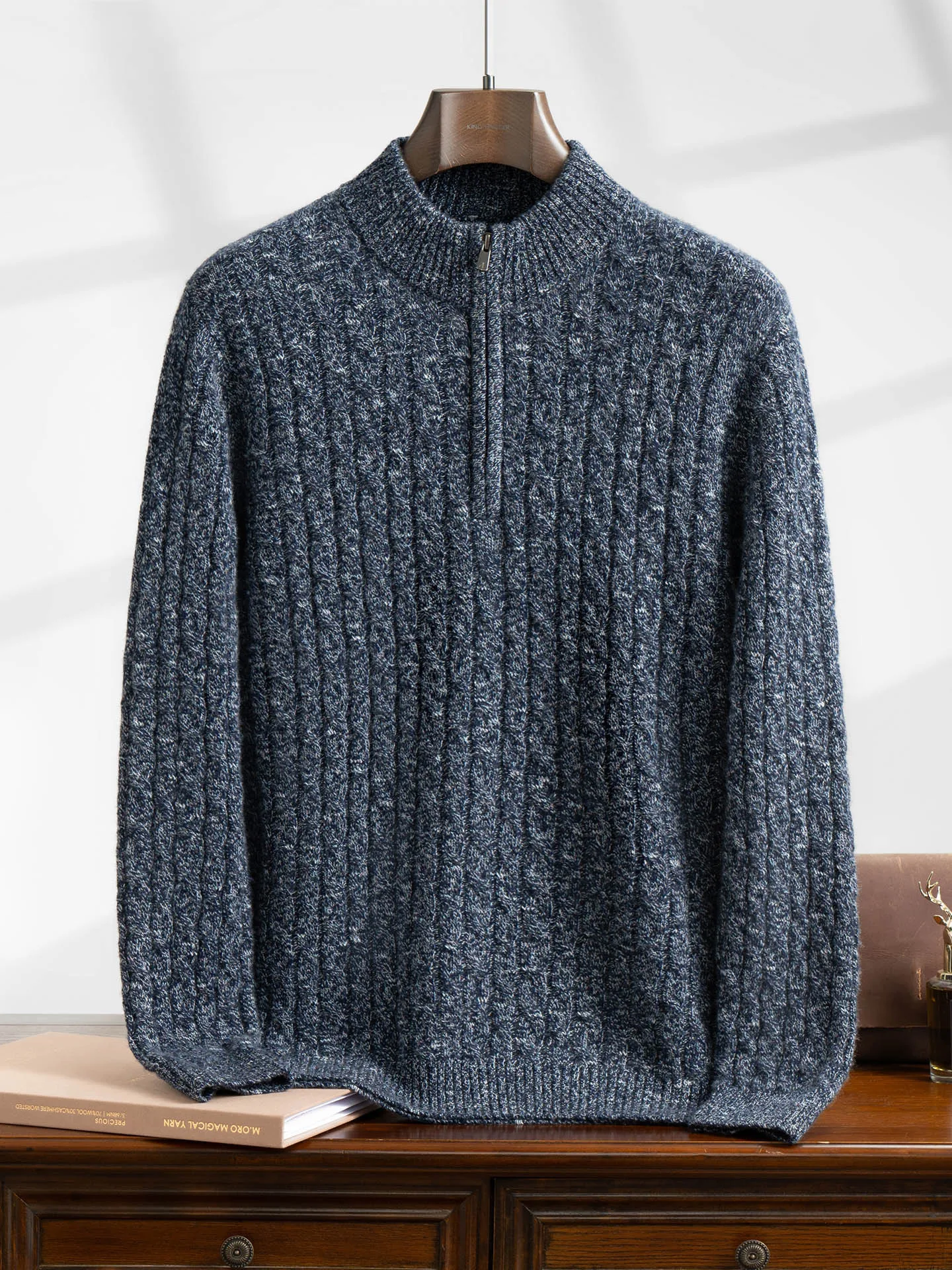 

Men's 100% Pure Cashmere Turtleneck Sweater Zip-Up Loose Fit Thickened Warm Knitwear for Autumn Winter Comfortable