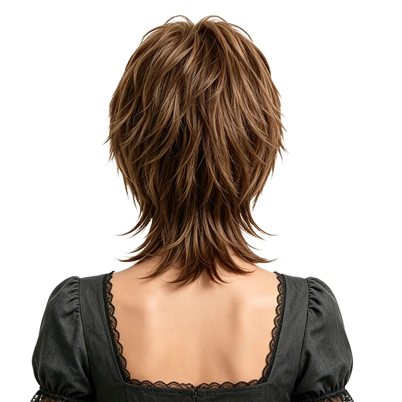 Brown Wig with Blonde Highlights Women Short Shaggy Mullet Wigs with Bangs Heat Resistant Synthetic Hair For Cosplay Party Daily