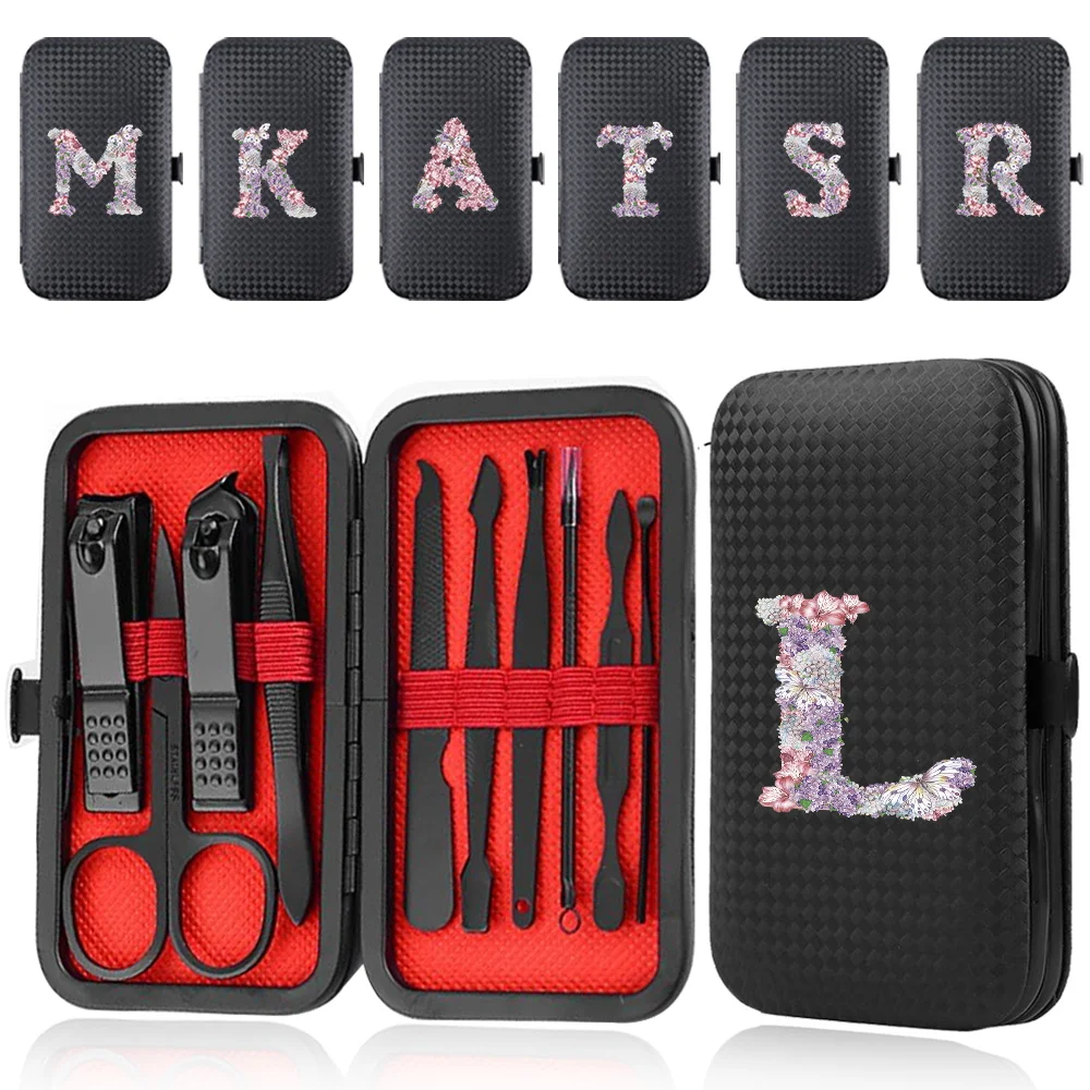 

10Pcs Portable Manicure Set Case Stainless Steel Pedicure Kit Pocket Nail Clipper Organizer Care Tool Rose Flower Letter Pattern